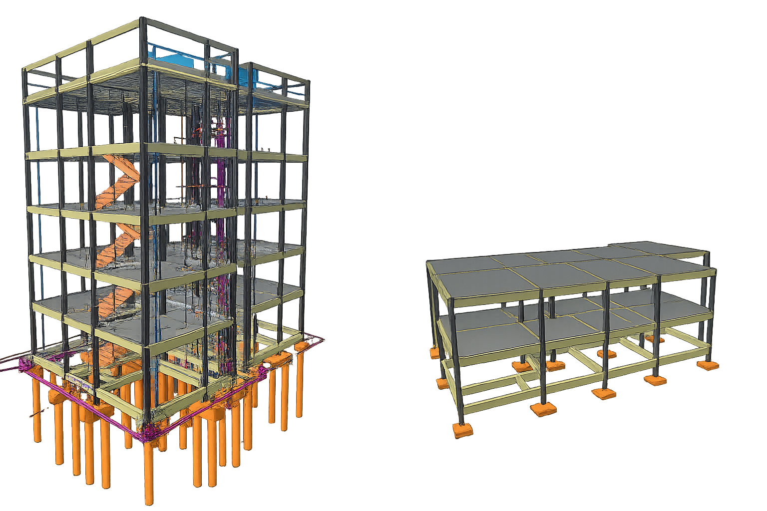 Representação gráfica 3d de um projeto estrutural criado em um software de calculo de engenharia civil como eberick ou cypecad.